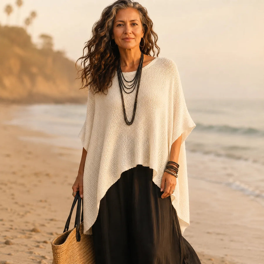 Solvera – Open Knit Batwing Top with Asymmetric Hem