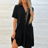 Marelle – Tiered V-Neck Linen-Look Mini Dress with Collar