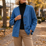 Verelle – Women's V-Neck Collarless Denim-like Jacket, Soft Button-Front Layer