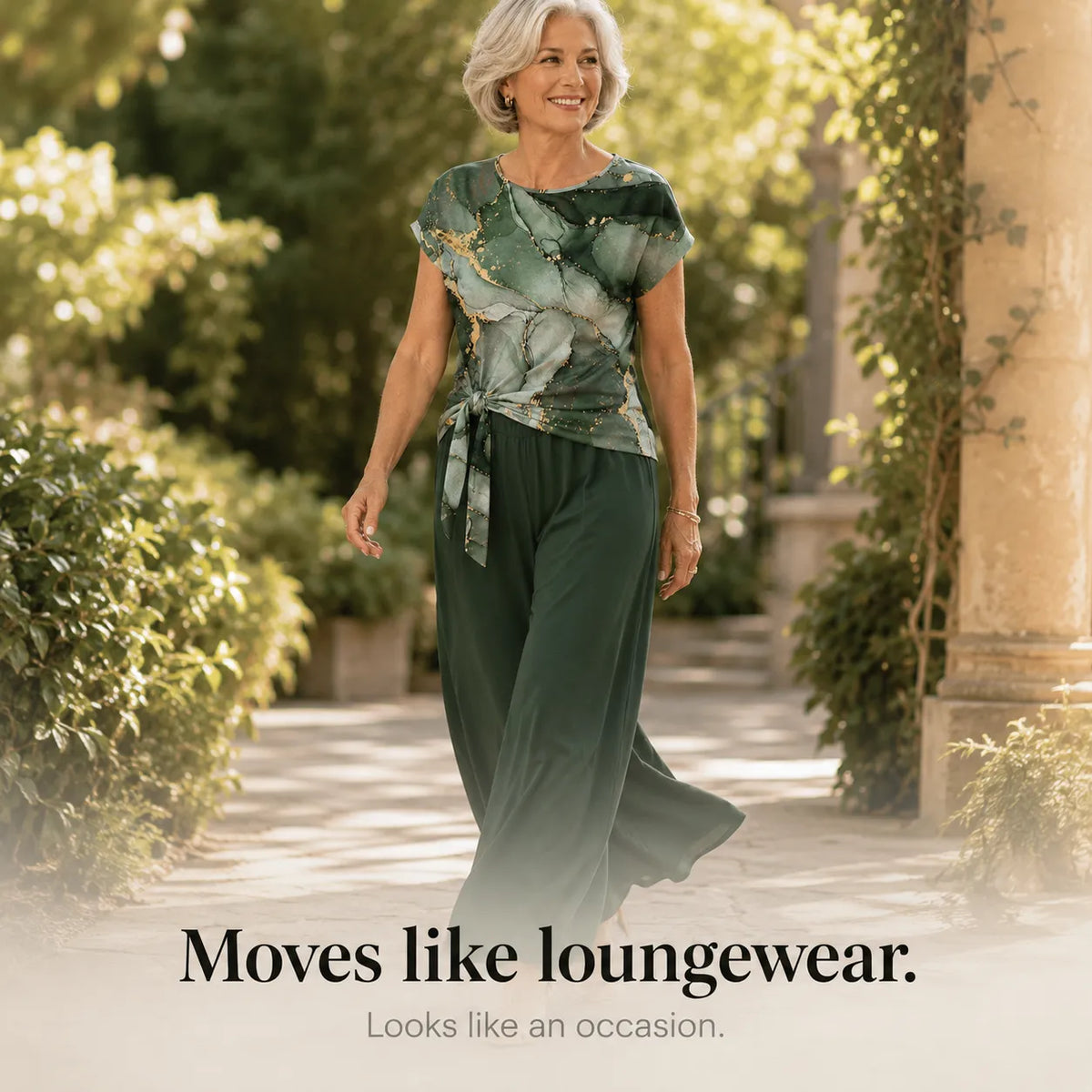 Marovelle – Marble Print Knot-Front Top and Wide-Leg Pants Set