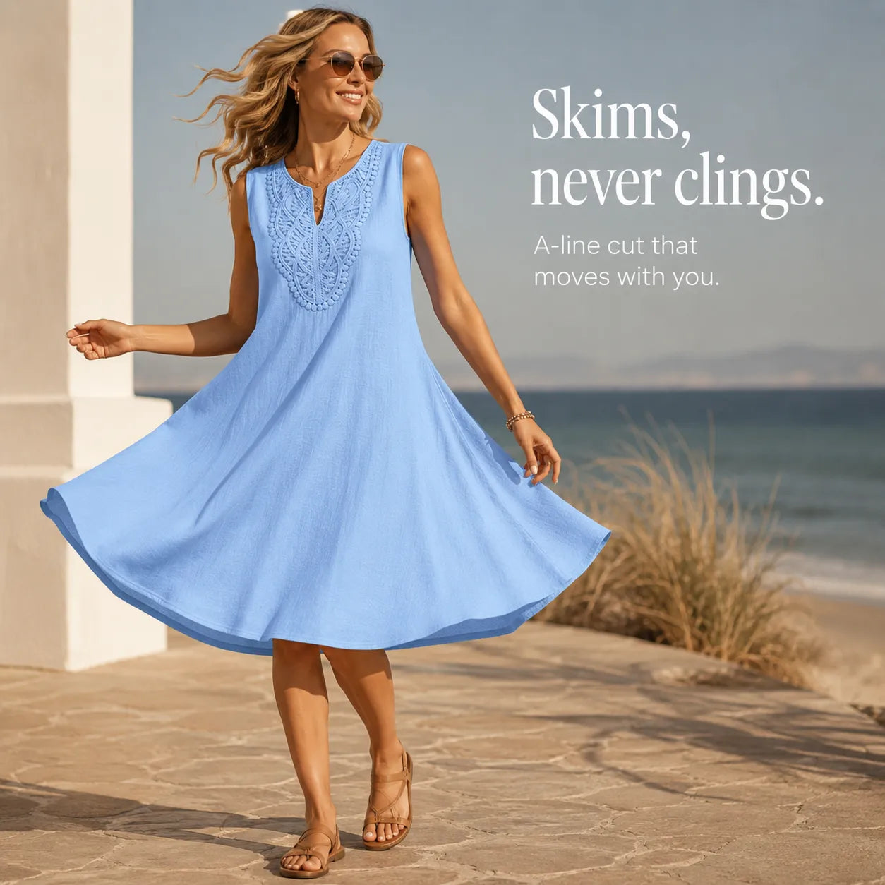Solenne – Lace Trim V-Neck Linen-Look Summer Shift Dress