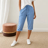 Loravie – Eyelet Trim Cotton-Linen-like Capri Pants with Drawstring Waist