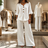 Lunavia – Linen-Look Two-Piece Set with Ruffle Sleeves and Wide-Leg Pants