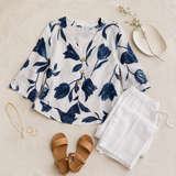 Florelle – Floral Linen V-Neck Popover Blouse with 3/4 Sleeves
