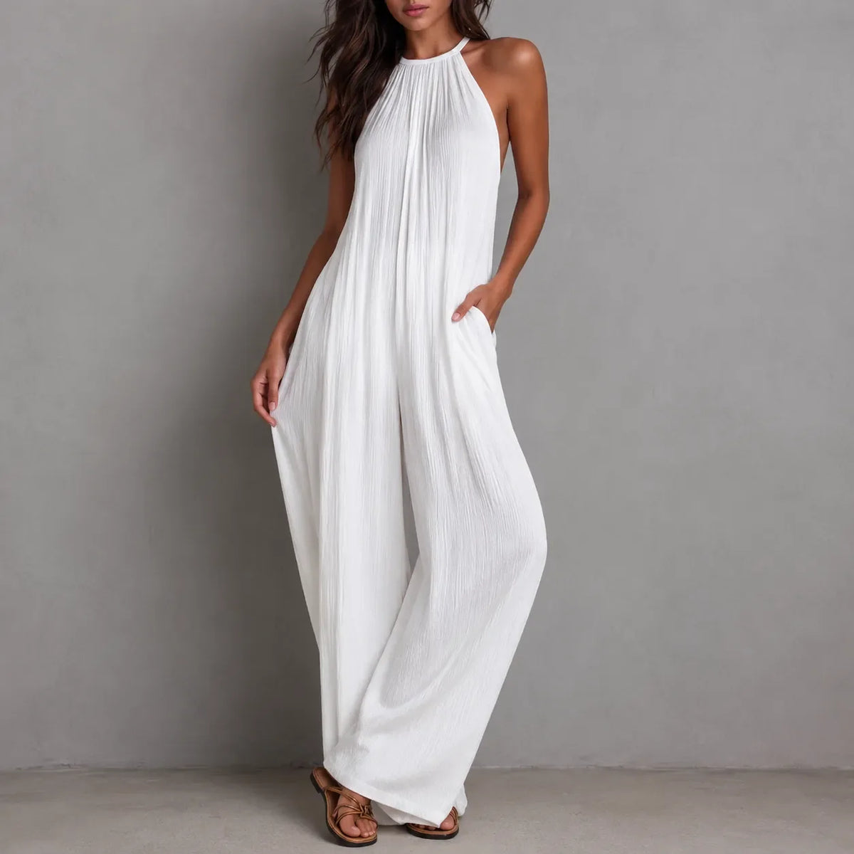 Drevana – Halter Wide-Leg Jumpsuit with Deep Pockets, Flowy Drape