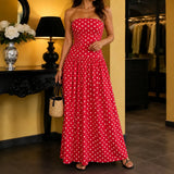 Doretta – Strapless Polka Dot Ruched Maxi Dress
