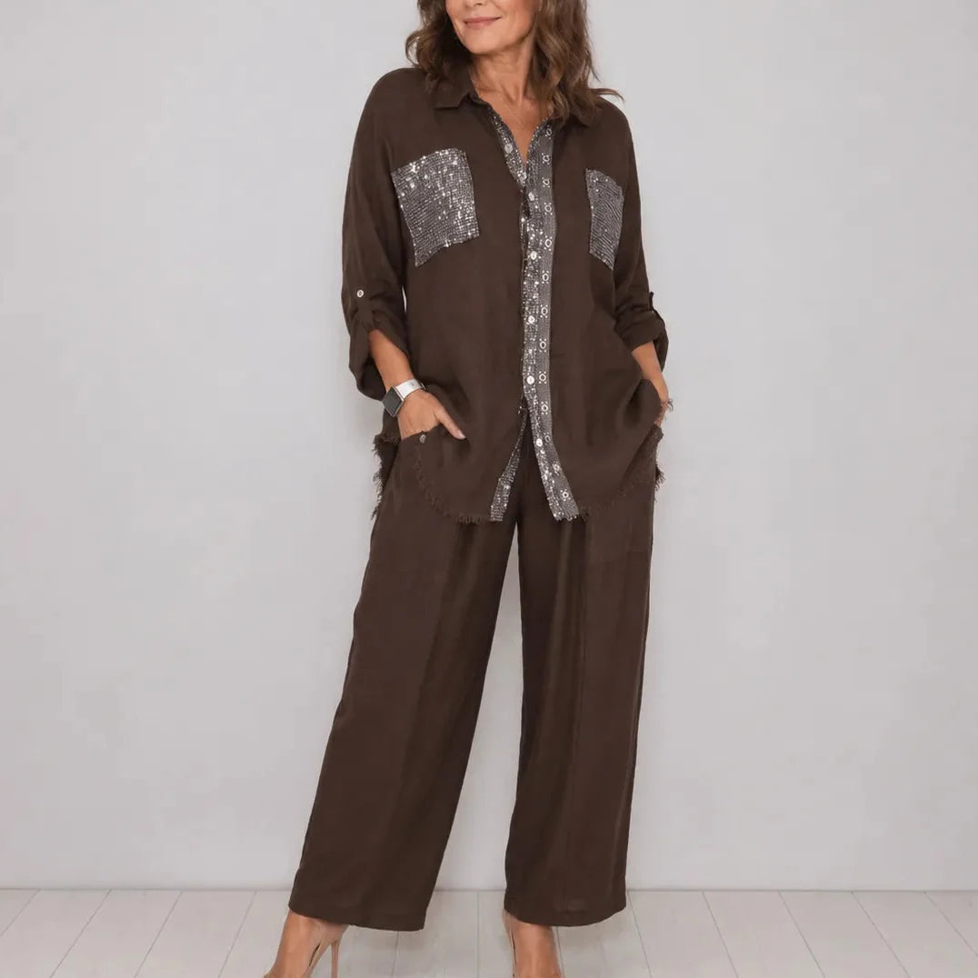 Solencia – Shimmer Pocket Shirt and Wide-Leg Pants Set