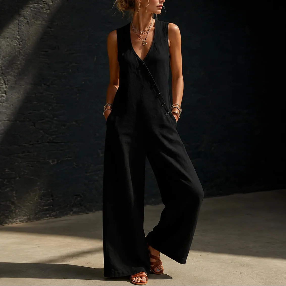 Wearvelle – Sleeveless Wide-Leg Jumpsuit with Diagonal Buttons and Pockets