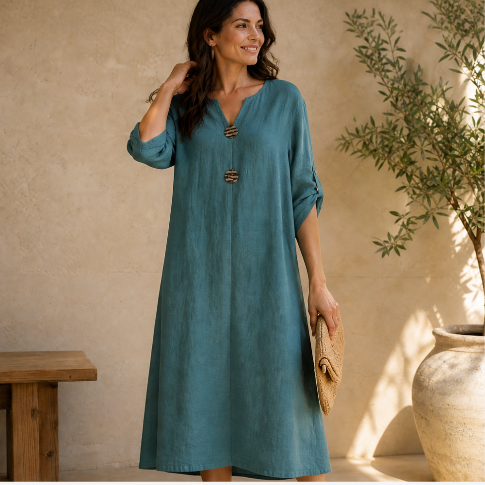 Soléma – Flowy V-Neck Midi Dress with Wooden Buttons