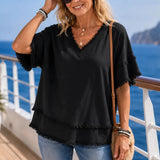 Solendra – Loose V-Neck Fringe Top for Women, Frayed Edge Summer Blouse