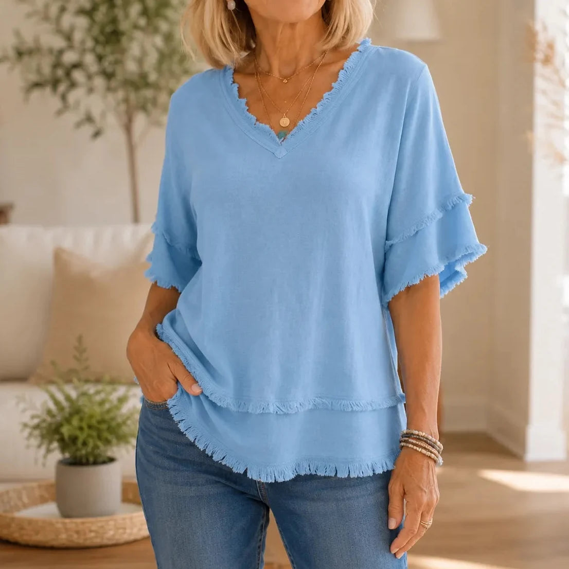 Solendra – Loose V-Neck Fringe Top for Women, Frayed Edge Summer Blouse