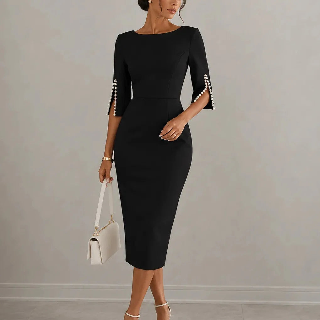Elarosa – Pearl-like Sleeve Slim Fit Pencil Midi Dress