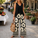 Solavia – Effortless 2 Piece Set, Sleeveless V-Neck Top and Wide-Leg Printed Pants