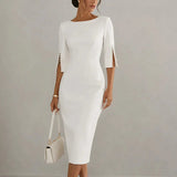 Elarosa – Pearl-like Sleeve Slim Fit Pencil Midi Dress