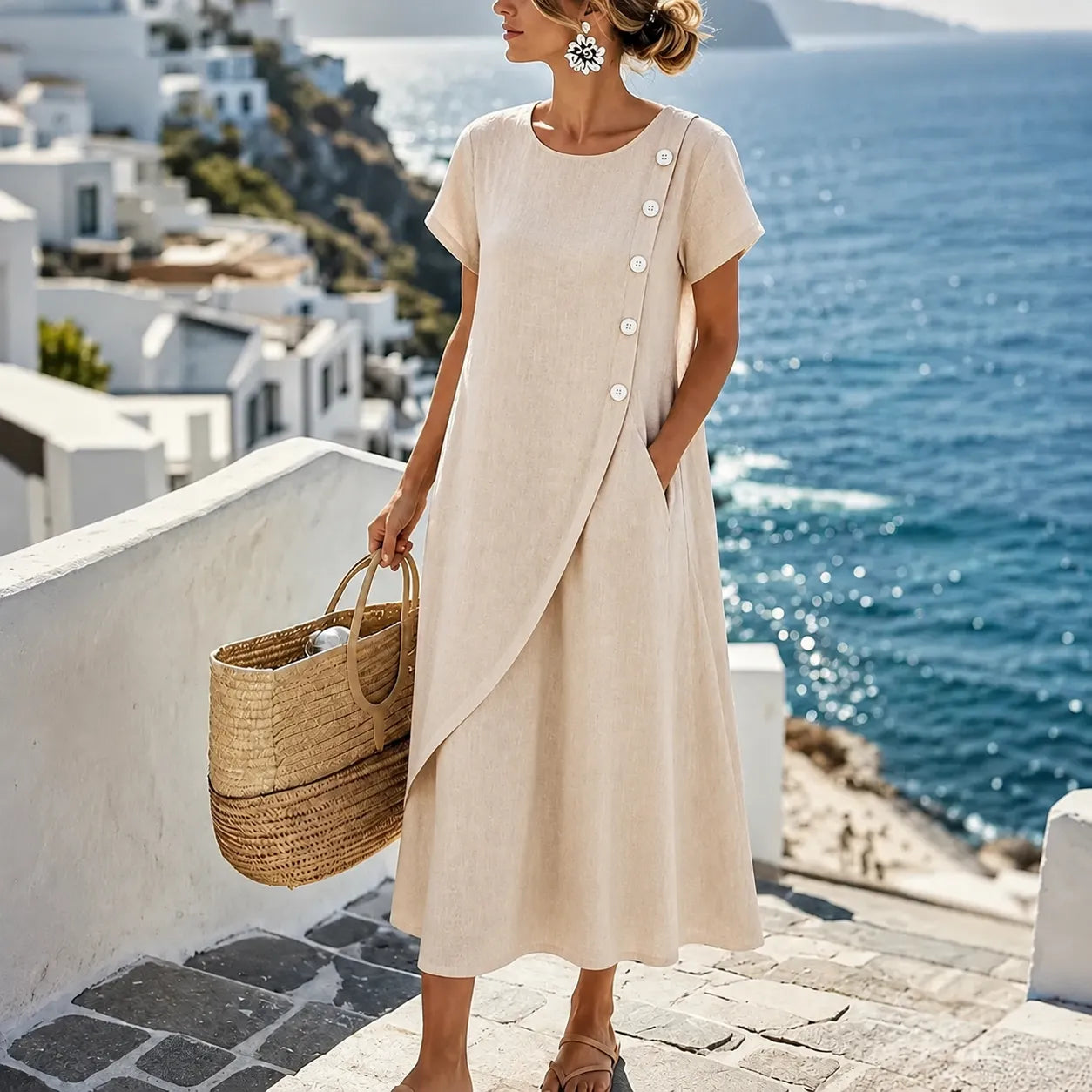 Sumlor – Asymmetric Button Midi Dress with Pockets for Summer
