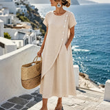 Sumlor – Asymmetric Button Midi Dress with Pockets for Summer