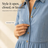 Soléa – Women's Shirt Dress with Pockets, A-Line Midi, Button Down