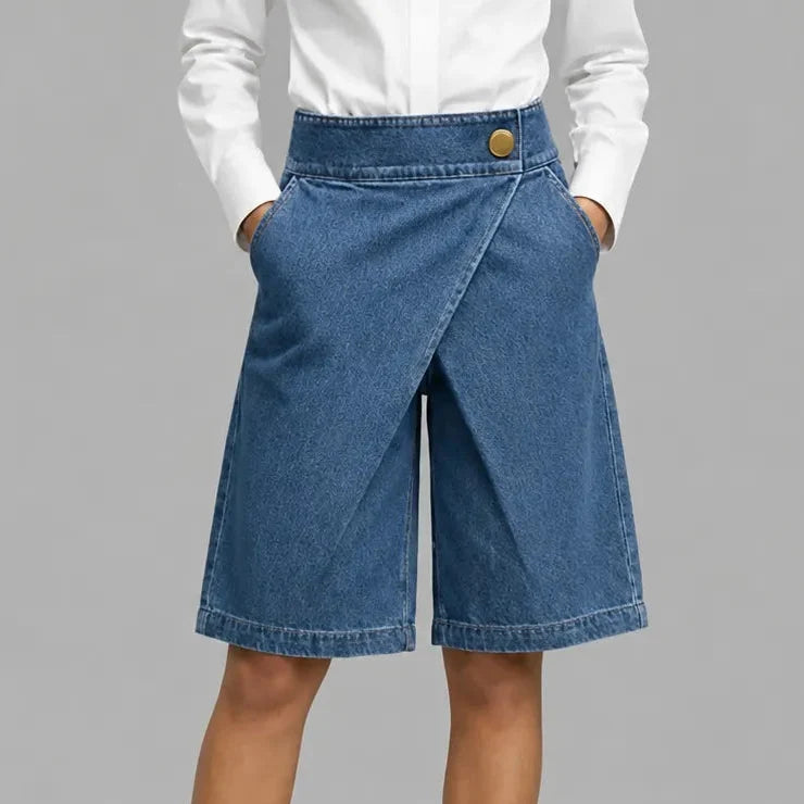Velara – Asymmetric Wrap-Front Knee-Length Denim Look Bermuda Shorts