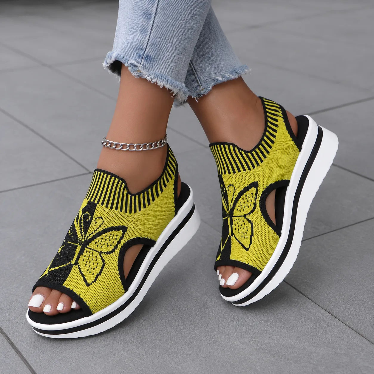 Sockela – Butterfly Knit Platform Peep Toe Sandals for Women