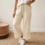 Solenne – Women's Wide Leg Drawstring Pants with Floral Cutwork Hem