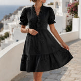 Soliera – Floral Puff Sleeve Midi Dress with Ruffle V-Neck