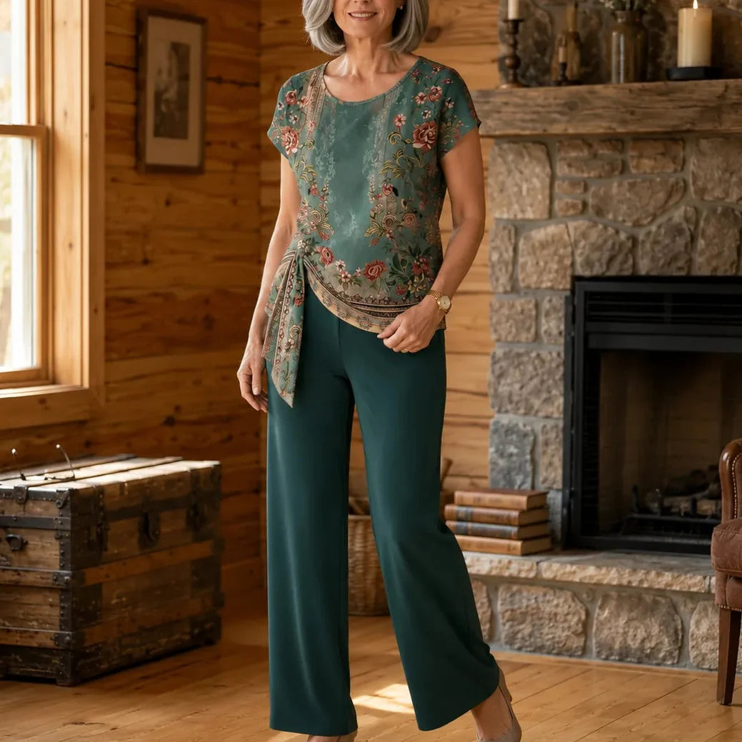 Marovelle – Marble Print Knot-Front Top and Wide-Leg Pants Set