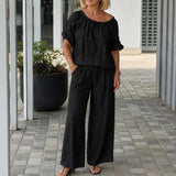 Soléne – Off-Shoulder Drawstring Top & Wide-Leg Pants 2-Piece Set
