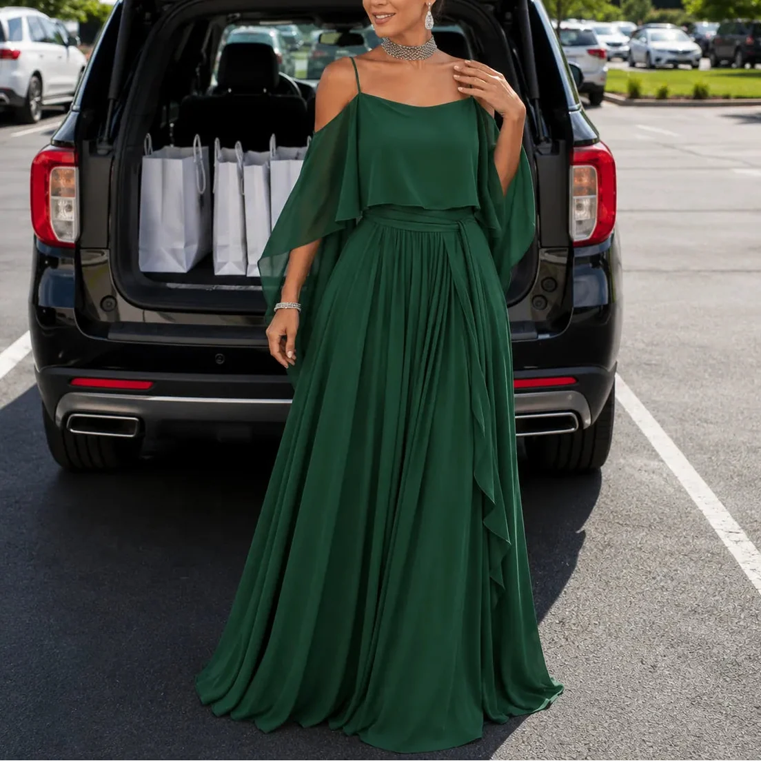 Solavia – Cold Shoulder Chiffon-like Maxi Dress for Weddings & Formal Events