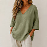 Linvie – Loose V-Neck Linen-Look Blouse with Three-Quarter Sleeves
