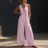 Wearvelle – Sleeveless Wide-Leg Jumpsuit with Diagonal Buttons and Pockets