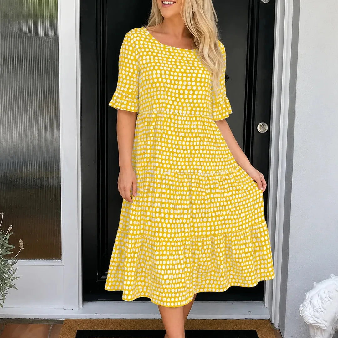 Soleluna – Tiered Polka Dot Midi Dress with Ruffle Sleeves