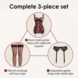 Rosalina – Floral Mesh Garter Dress Set with Stockings