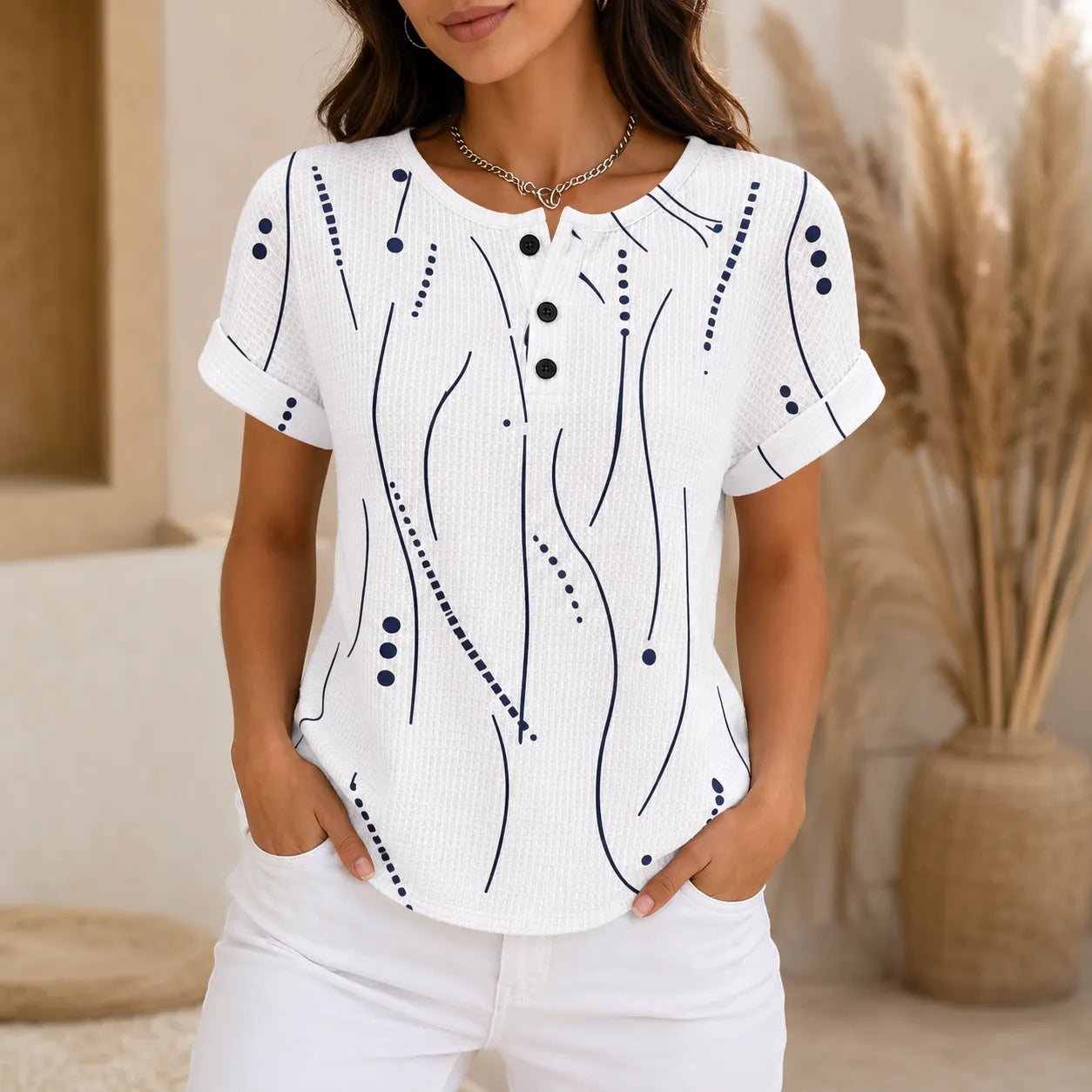 Marellia – Abstract Print Waffle Top with Button Placket