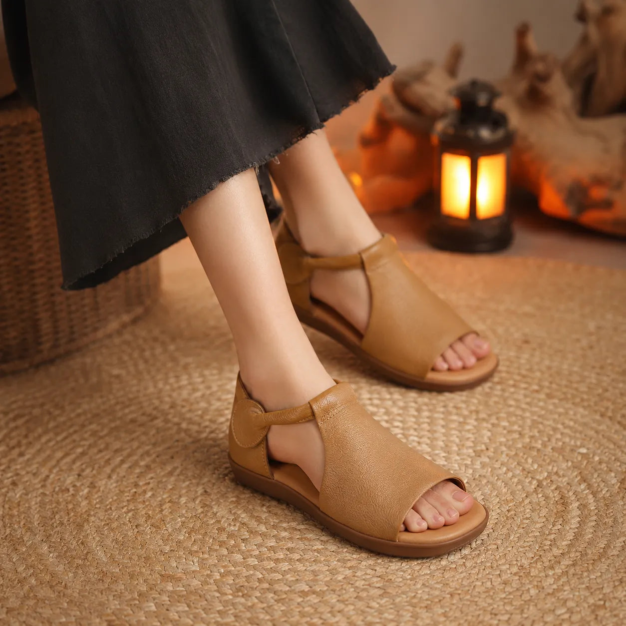 Solene – Pebbled PU T-Strap Flat Sandals for Women, Slip-On Open Toe Summer Shoes