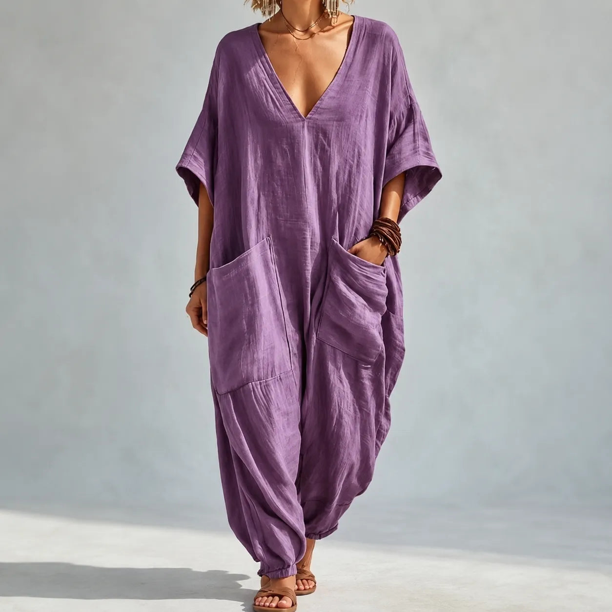 Solunya – Loose V-Neck Summer Jumpsuit with Deep Pockets, Batwing Sleeves, 6 Colors