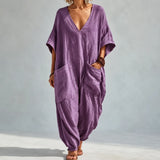 Solunya – Loose V-Neck Summer Jumpsuit with Deep Pockets, Batwing Sleeves, 6 Colors
