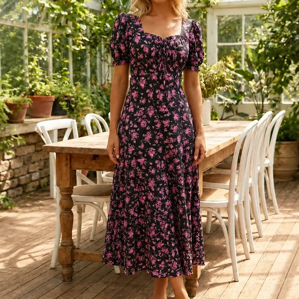 Maevra – Floral Midi Dress with Tie-Front Square Neckline