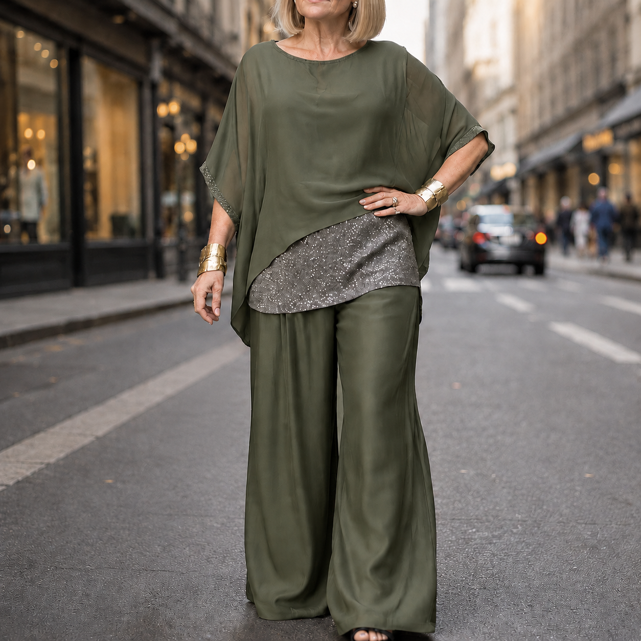 Lumésa – Chiffon Sequin Two-Piece Pantsuit Set