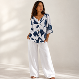 Florelle – Floral Linen V-Neck Popover Blouse with 3/4 Sleeves