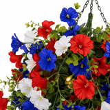 Liberty Bloom – Patriotic Hanging Flower Basket with LED Lights, Red White Blue Silk Blooms for July 4th Porch Decor