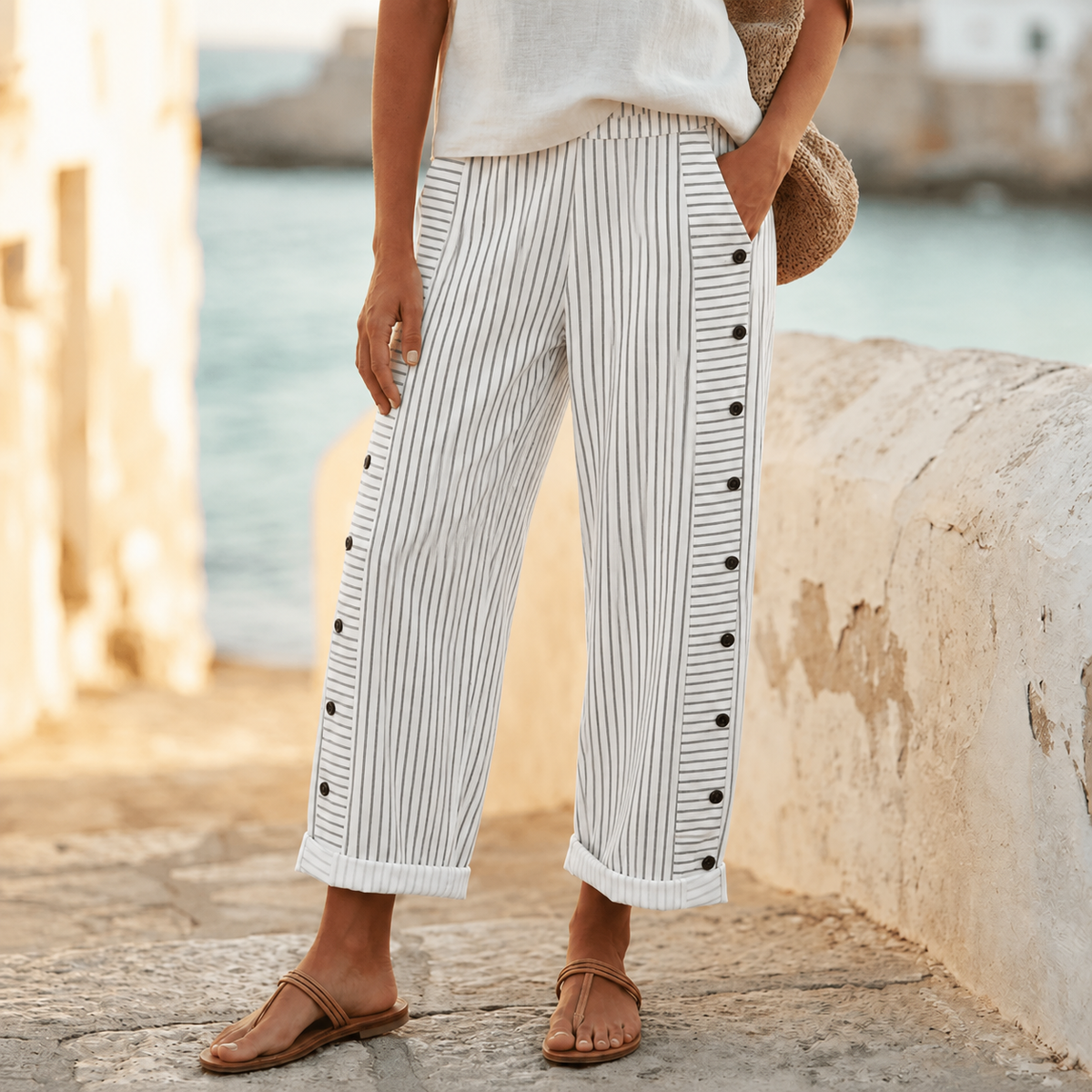 Coastlyn – Women's Striped Pants with Button Trim
