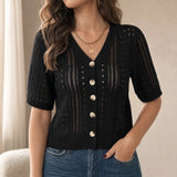 Lianora – Short Sleeve Open Knit Button Cardigan for Women