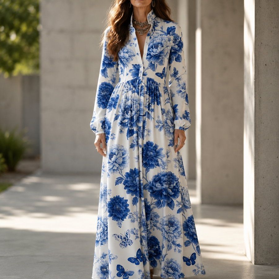 Mirabel – Blue Floral Peony Button-Front Maxi Shirt Dress with Pockets