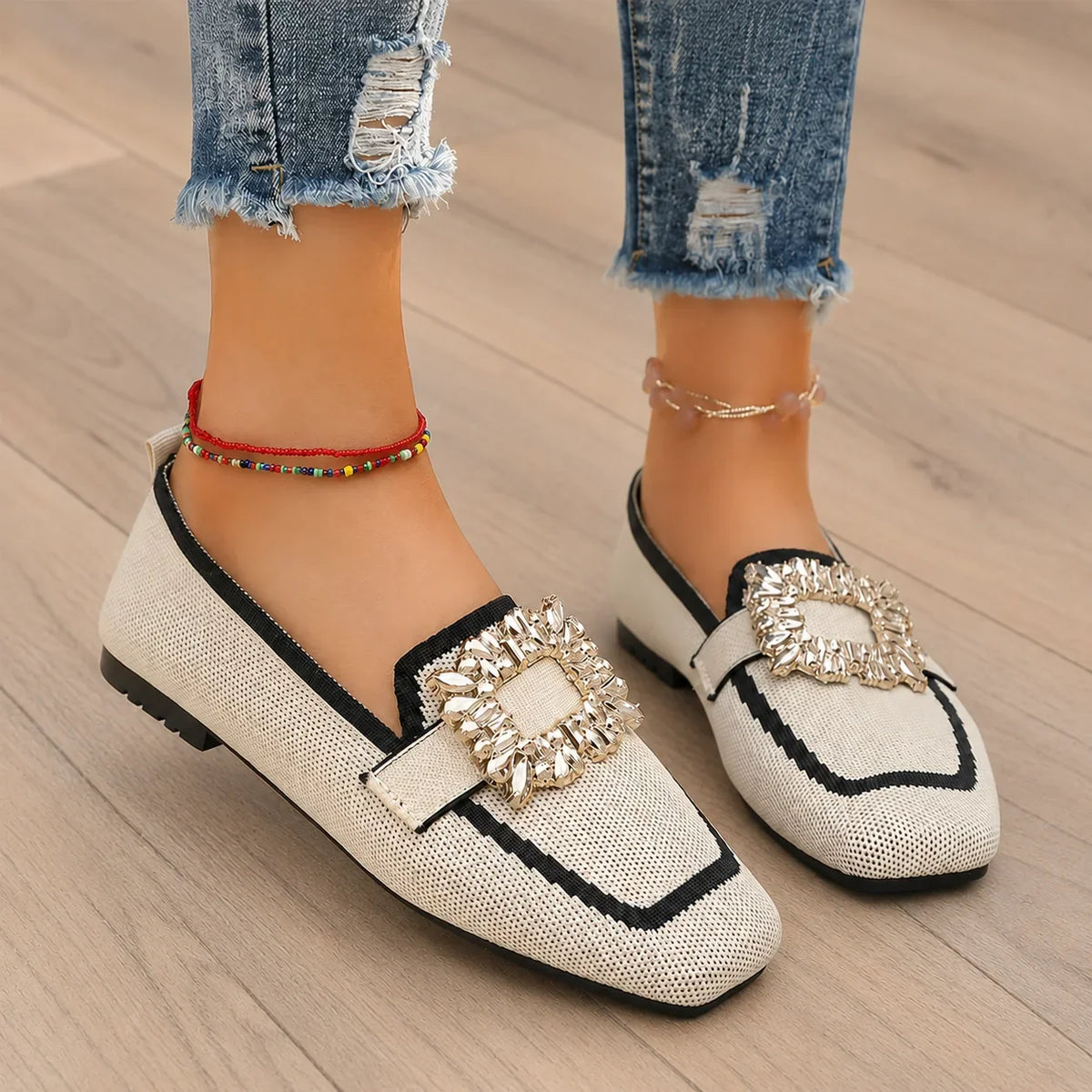 Vellora – Crystal Buckle Knit Loafers, Square Toe Slip-On Flats for Women