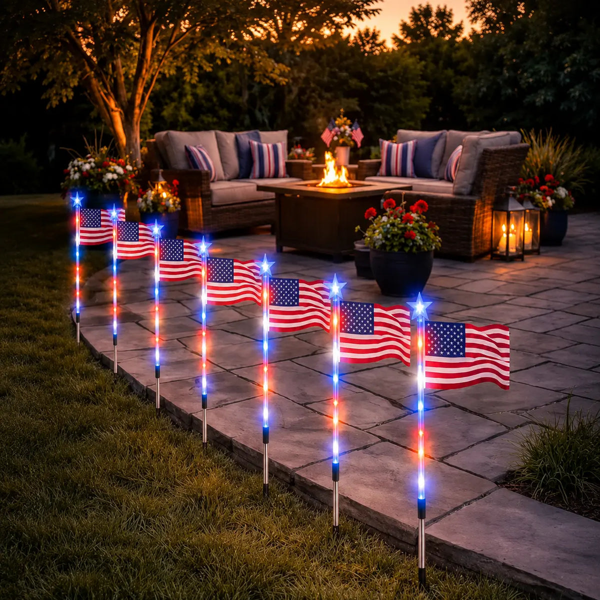 Stargrove – Solar American Flag Light Stakes, 8-Piece Set for 4th of July Walkway & Yard Decor