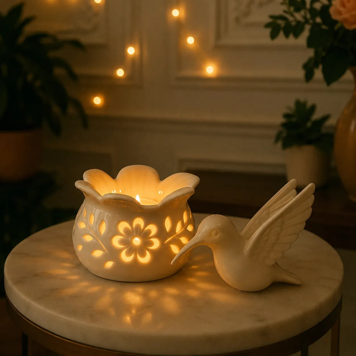 Lumavia – Hummingbird Tealight Candle Holder with Floral Shadow Base