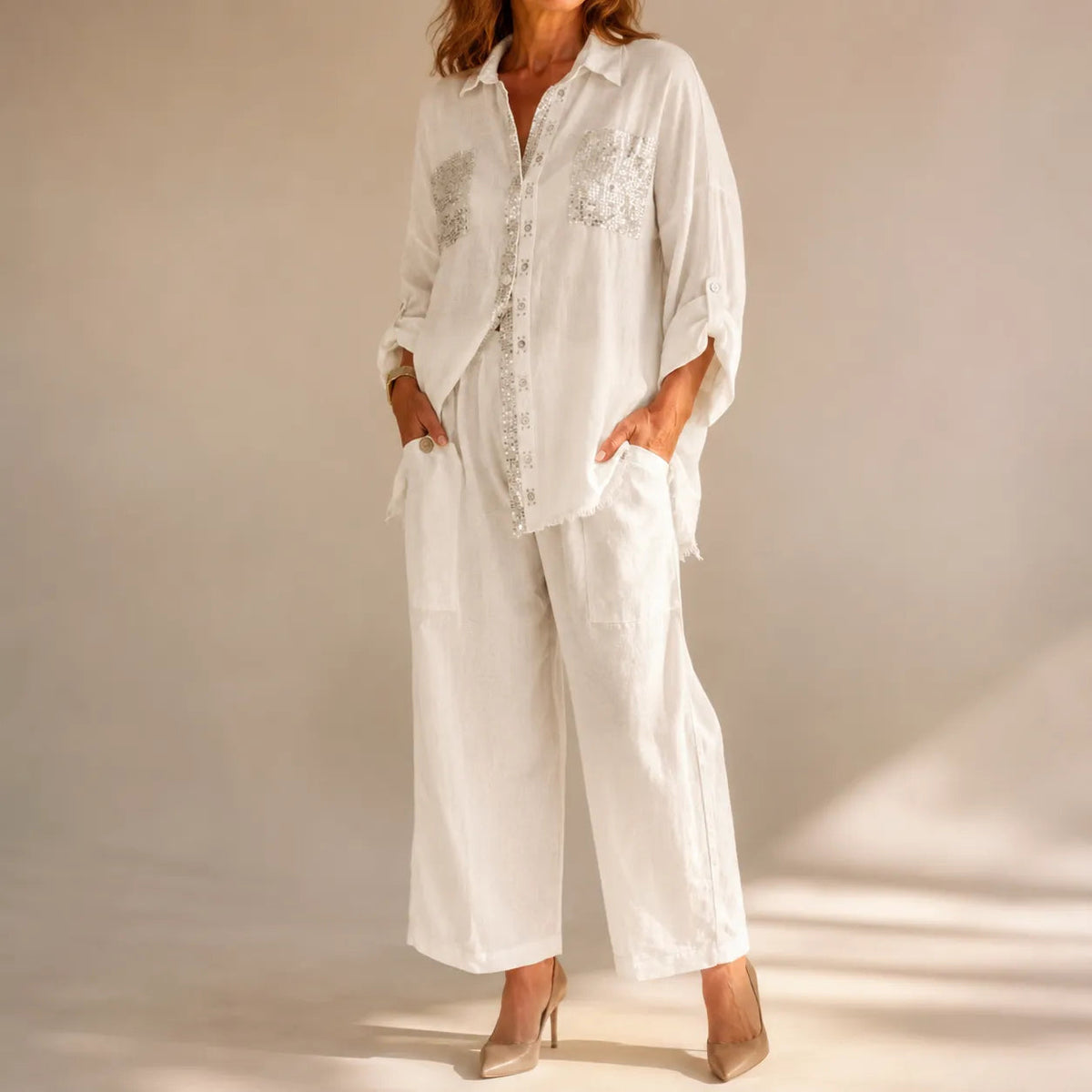 Solencia – Shimmer Pocket Shirt and Wide-Leg Pants Set