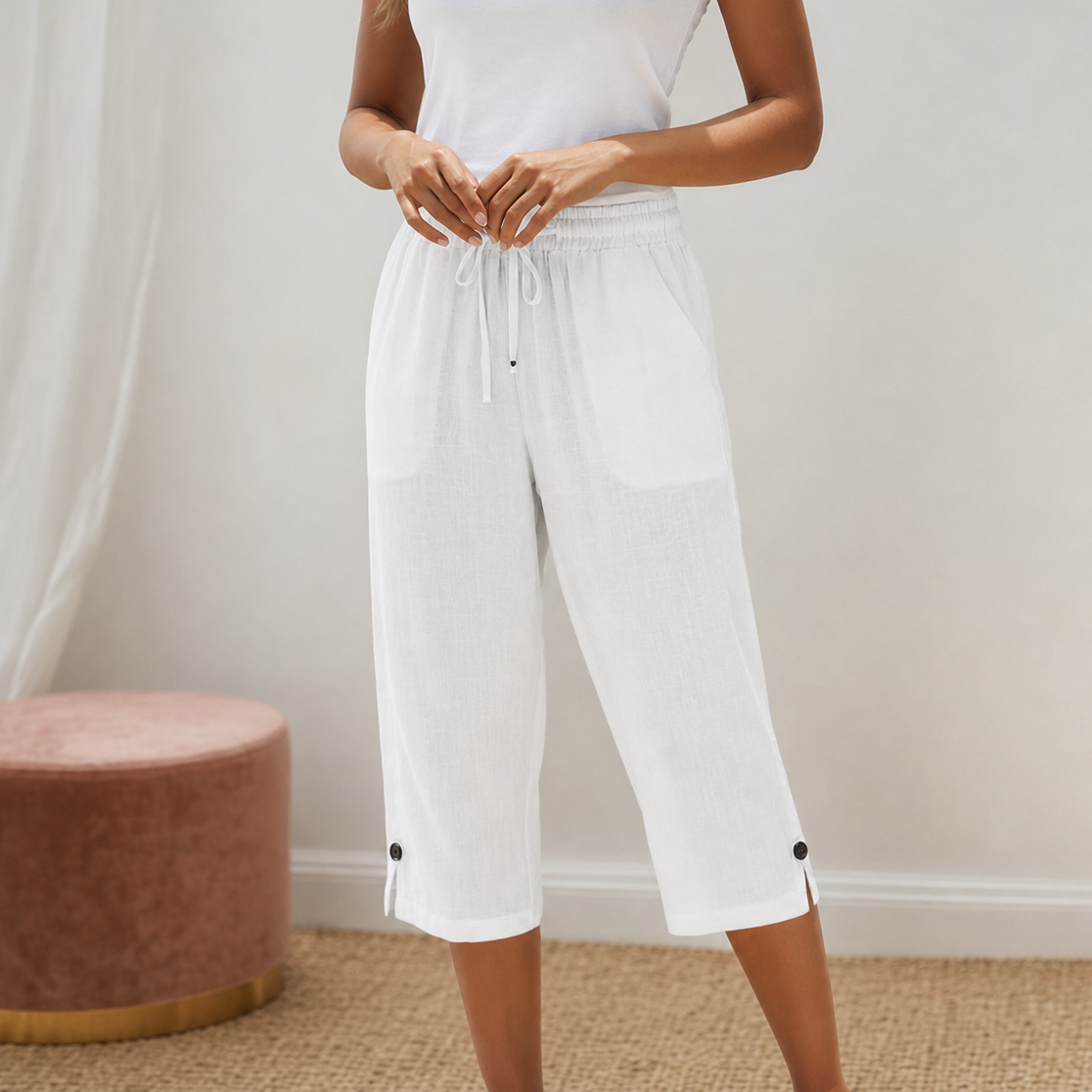 Lyriva – Women's Capri Pants with Drawstring Waist, Pockets and Button-Slit Hem