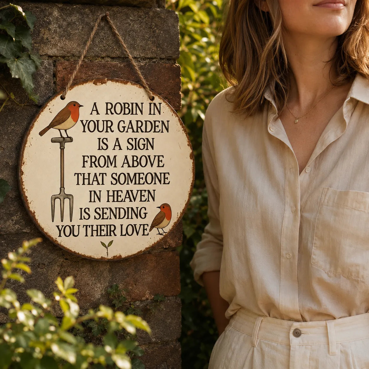 Rosethorne – Vintage Robin Memorial Garden Sign, Round Plaque with Robin Verse