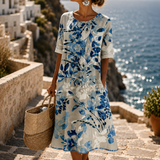 Marivelle – Botanical Print Midi Shift Dress with Pockets